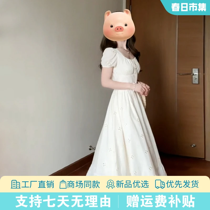 2376法式方领白色连衣裙子2025新款夏季女装纯欲风初恋收腰长裙