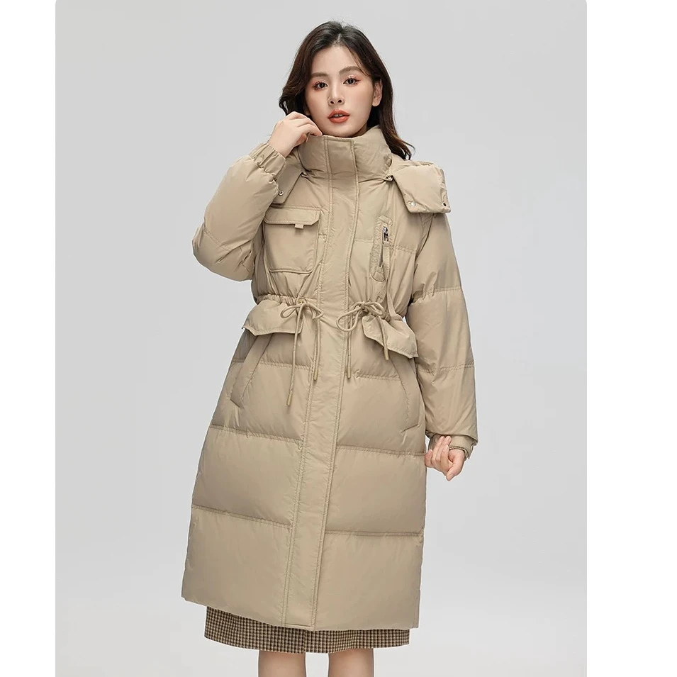 收腰抽绳羽绒服女冬24年新款女款中长款连帽时尚修身保暖宽松外套