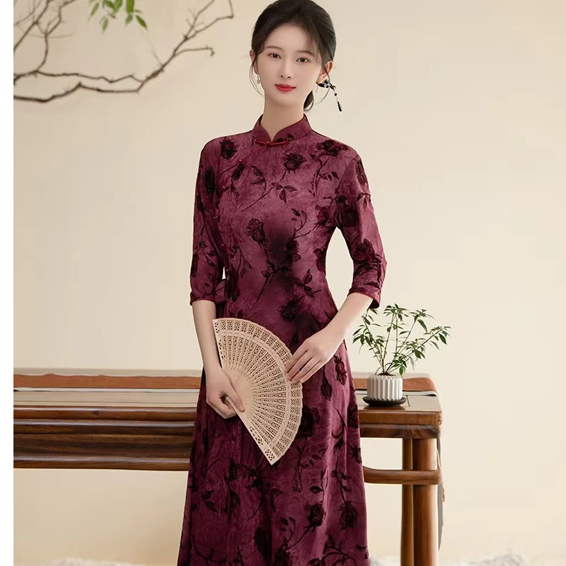 中袖大码大摆裙旗袍女新款改良2025春秋款复古日常显瘦连衣裙气质