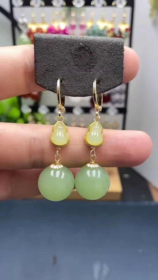 和田玉银S925镀金镶嵌耳饰尺寸14mm耳扣Z1