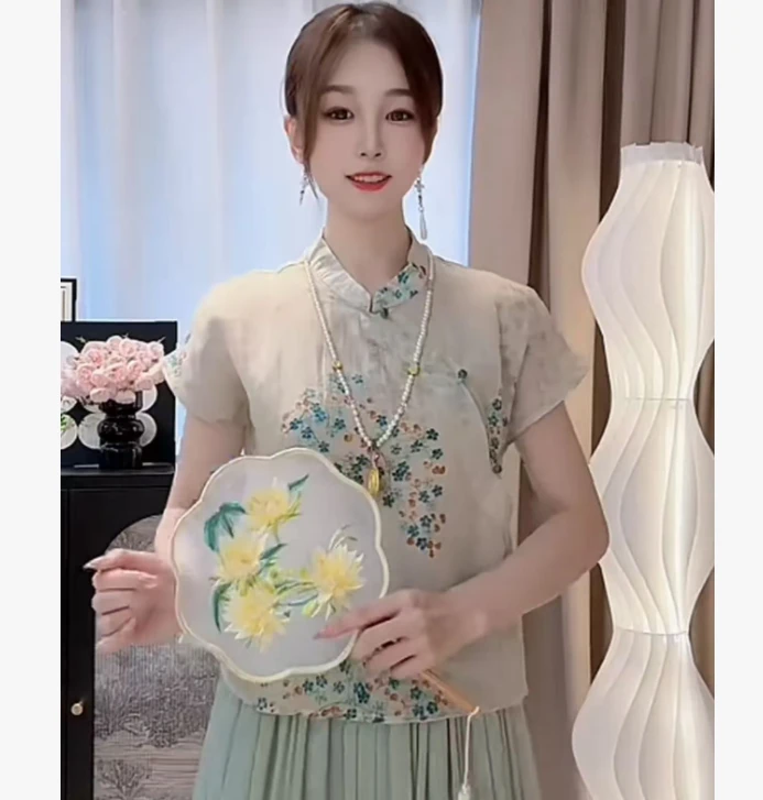 新中式国风小衫女夏季2025新款盘扣立领衬衫小飞袖上衣