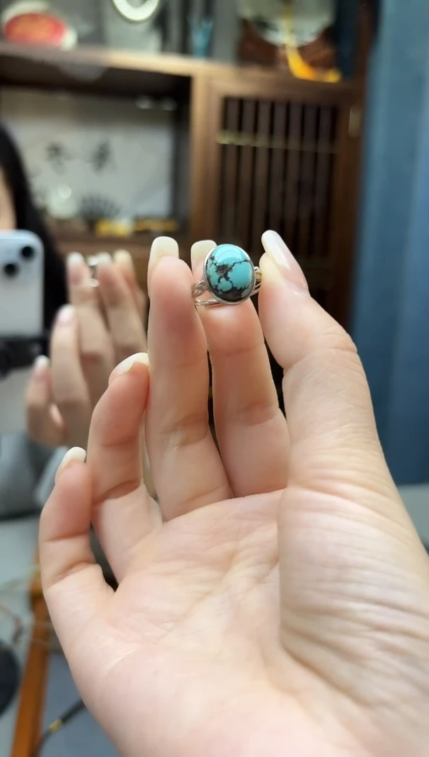 银S925镶嵌绿松石戒指s925银松石蛋面戒指LX