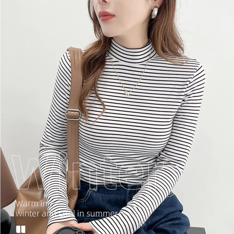 双面磨毛细条纹打底衫秋冬款百搭小众内穿修身半高领女士上衣