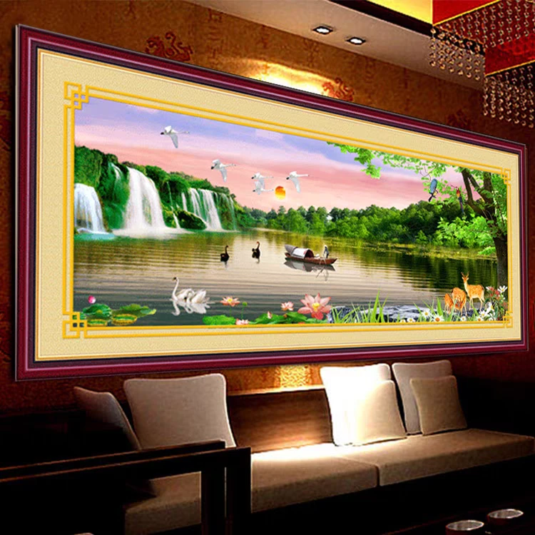 纯手工十字绣成品客厅挂画山水画流水生财财运亨通鸟语花香两米