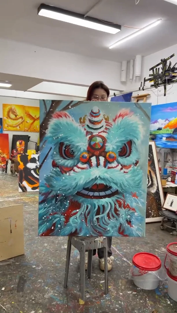 【闪购商品】丙烯画尘薇老师蓝绿醒狮送框