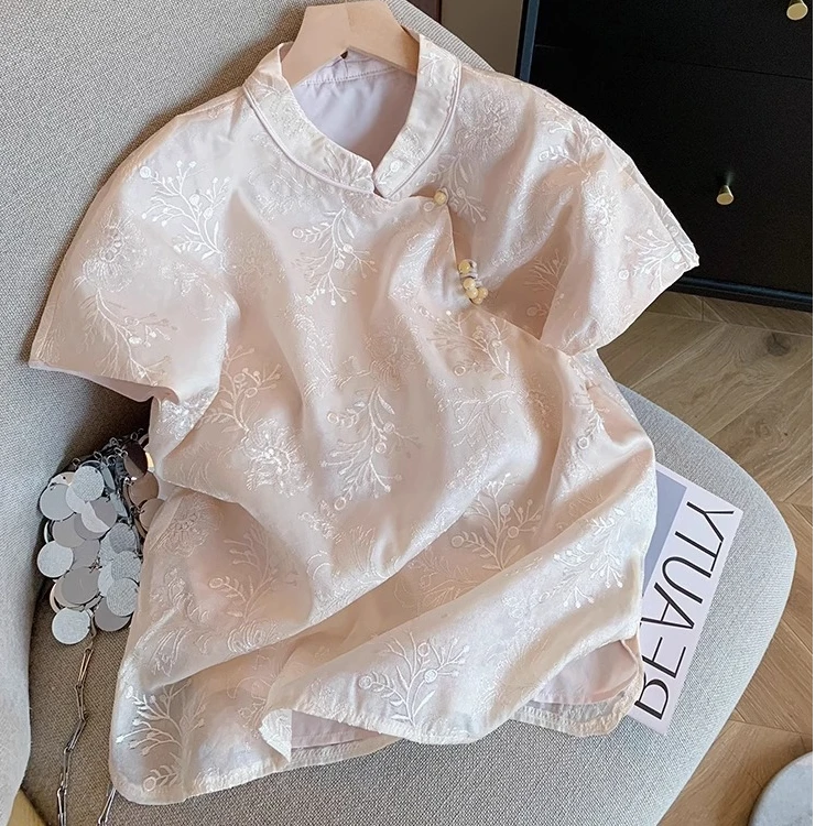 夏季新中式甜美粉色斜襟立领刺绣盘扣衬衫女国风气质显瘦短款上衣