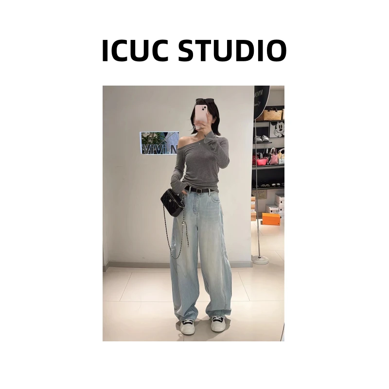 ICUC STUDIO-【斜肩纯色设计感长袖T恤】新款气质简约露肩上衣2672