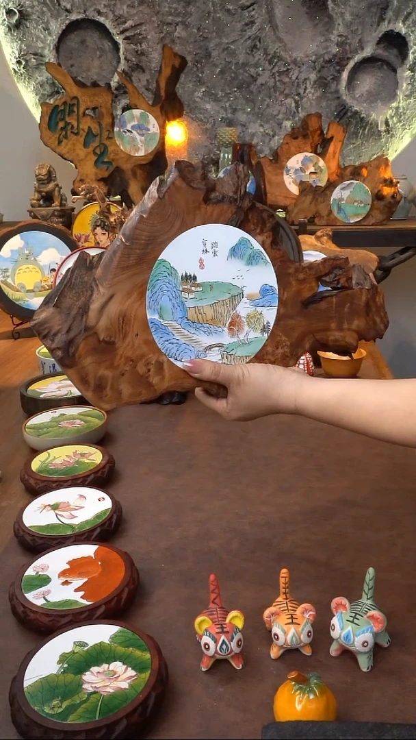 陶瓷釉上彩瓷片香杉木茶盘壁挂摆台