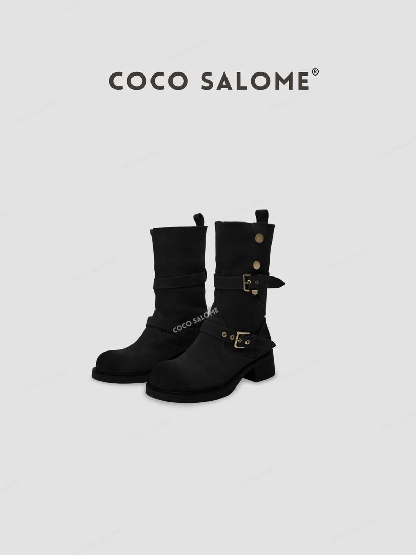 宠粉福利&新款西部牛仔靴中筒复古搭扣擦色英伦厚底#跟高4.5cm