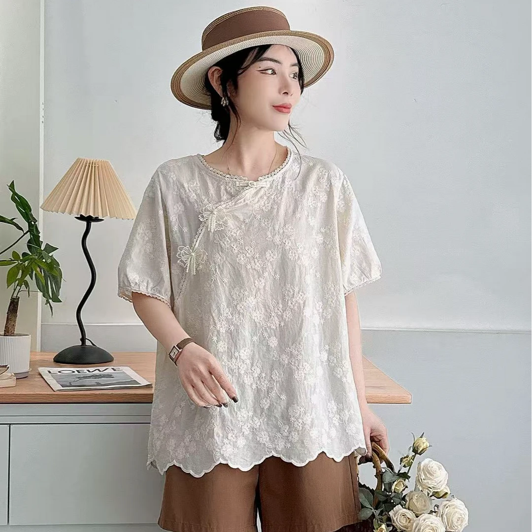 衬衫上衣蕾丝夏季镂空宽松提花纯棉中国风气质时尚休闲新中式复古