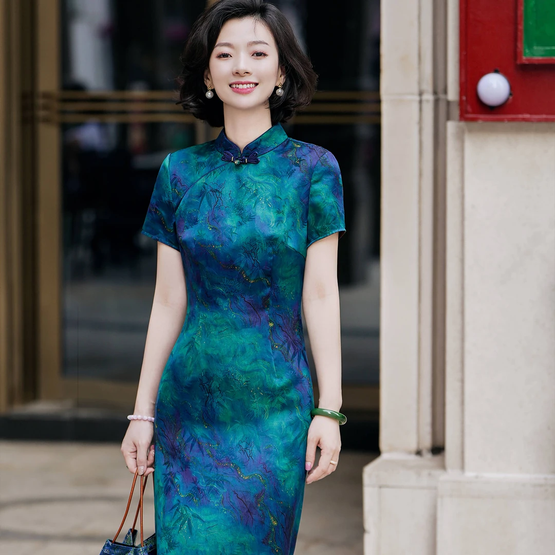 西子/【流光溢彩】非遗香云纱重磅桑蚕丝竹林水墨夏季旗袍/QPTJ052