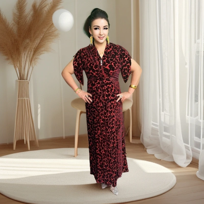 交叉领印花收腰时尚连衣裙