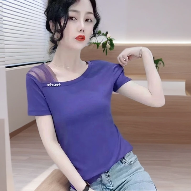 新款夏季网纱拼接漏肩短袖T恤百搭显瘦洋气气质爆款设计感上衣女