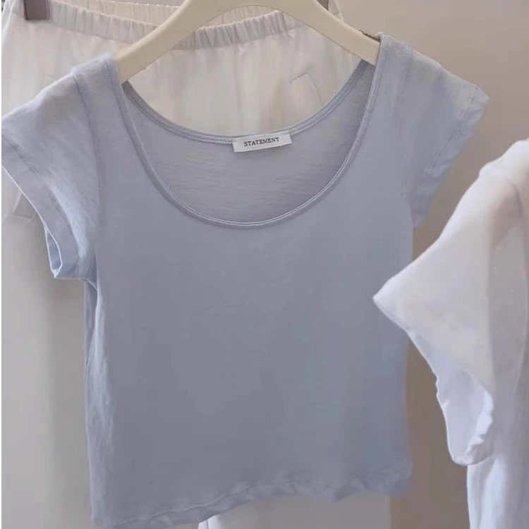 低圆领蓝色短袖T恤女士修身显瘦打底衫夏季洋气韩系减龄短款上衣