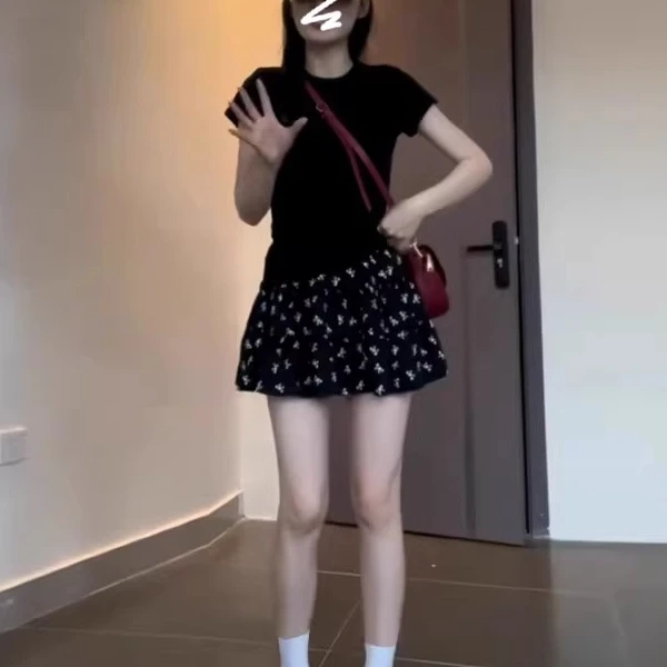 碎花系带荷叶边松紧高腰半身裙女2025夏季新款韩版显瘦a字短裙子