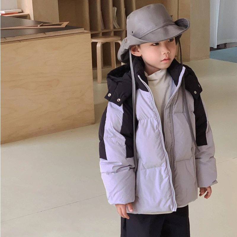 儿童羽绒孩子爆款连帽保暖拼接冬季撞色外套冬装90白鸭绒男童羽绒