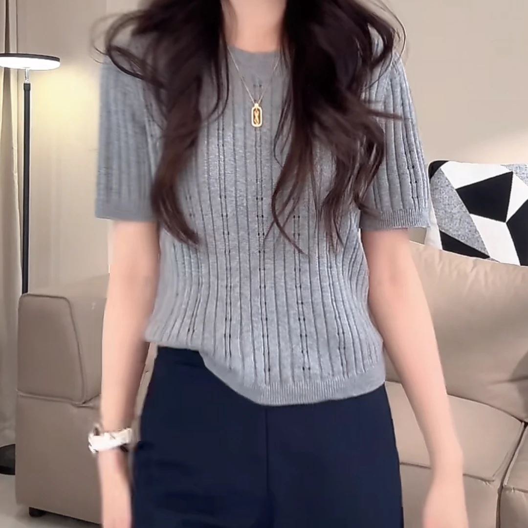 设计感镂空气质圆领百搭短袖针织衫女2025新款春夏百搭套头上衣