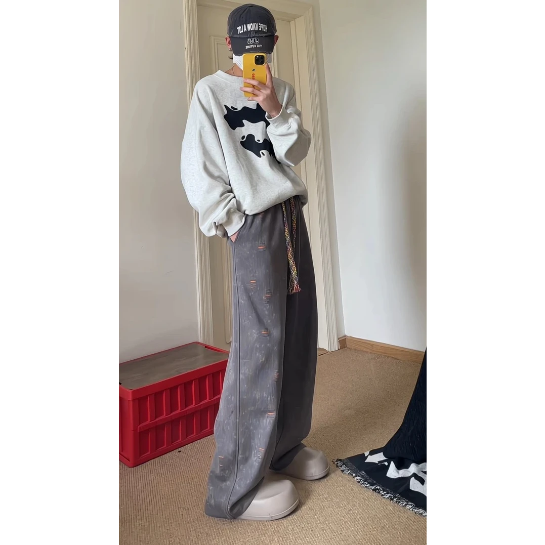 美式撞色弯刀卫裤男女秋季美式慵懒风直筒裤子cleanfit微喇运动裤