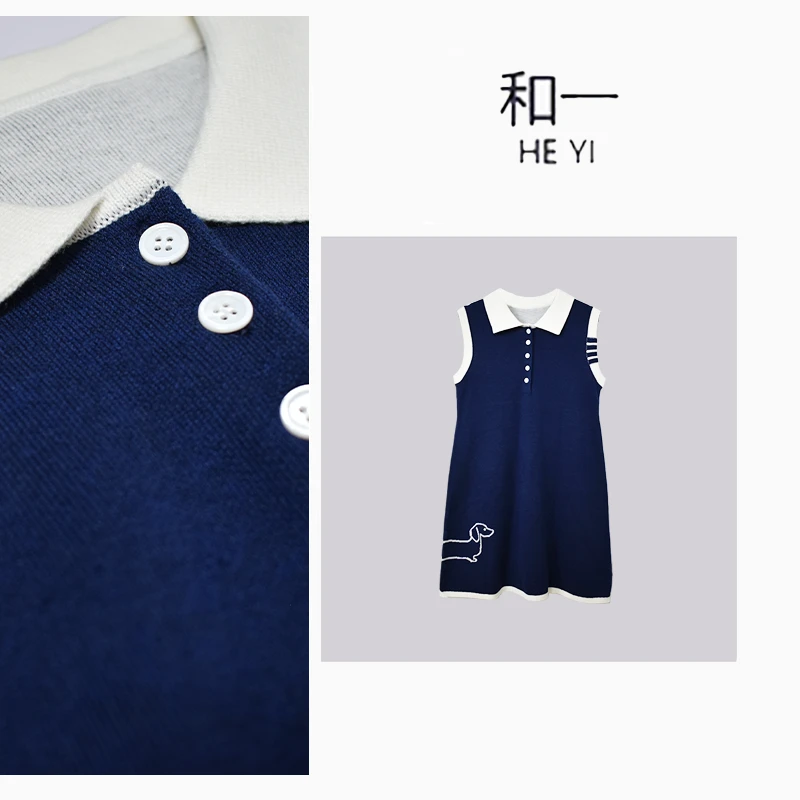 HY 气质百搭藏蓝色经典腊肠狗系列无袖针织款式连衣裙-00300