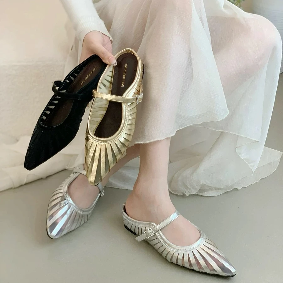 真皮拼接网纱镂空夏季透气尖头内增高懒人穆勒鞋包头拖鞋6886-62