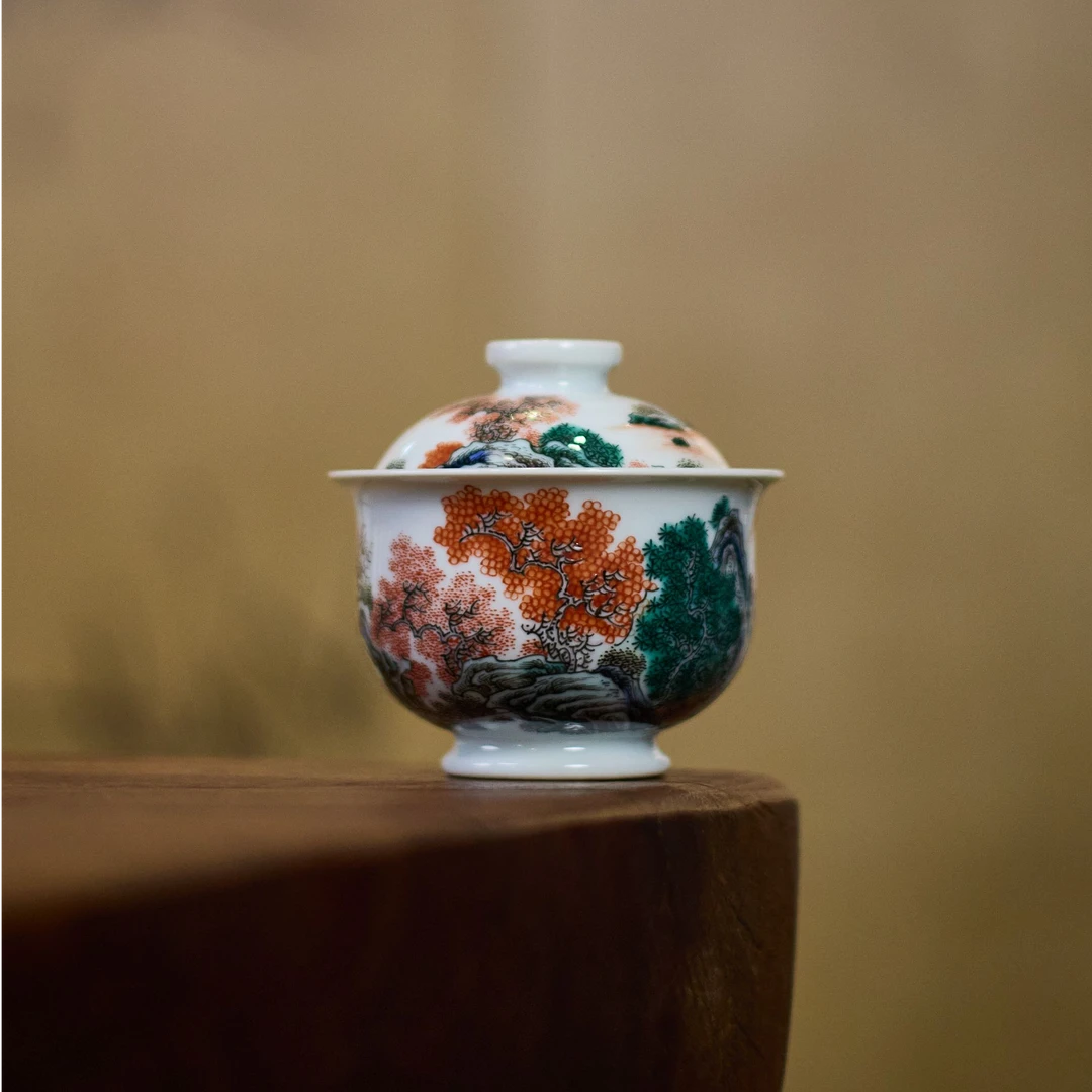 古阅和风·古彩秋山松壑图布袋盖碗景德镇陶瓷手工手绘