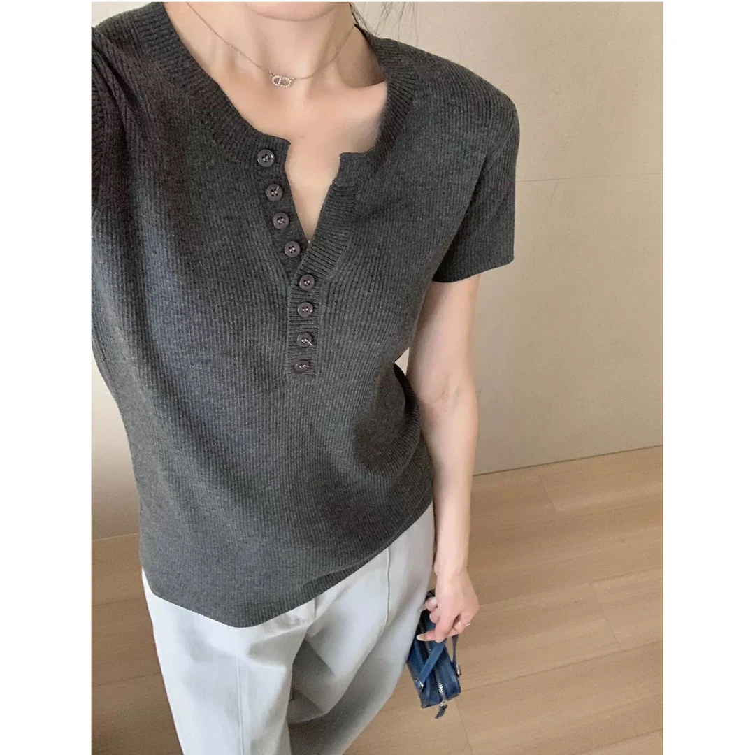 芮初3280【剪刀领抽条针织衫】韩系简约短袖女春款百搭休闲小衫