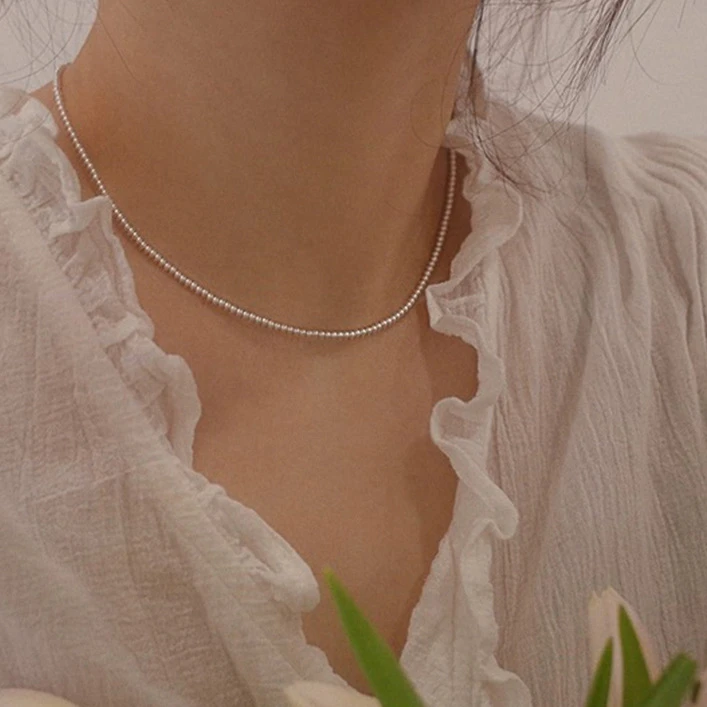 链子925银仿珍珠 S925银迷你正圆强光2mm施家珍珠项链简约锁骨链