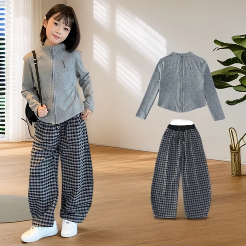童装秋季女童套装秋装中大童长袖拉链外套格子裤学生运动服两件套