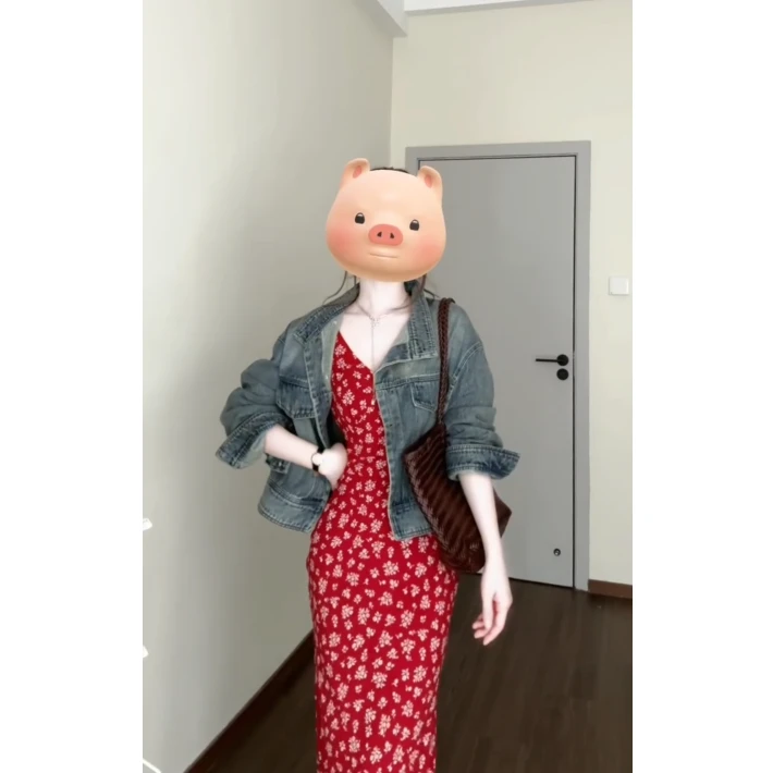 MARIE.COCO时尚女装多巴胺绝美小裙气质牛仔外套红色吊带裙两件套