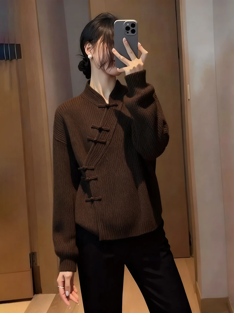 棕色立领复古新中式长袖针织衫2025秋冬女装新款减龄气质国风毛衣