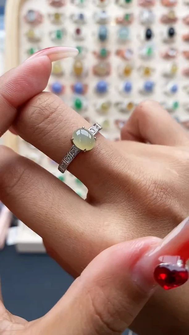 【闪购商品】翡翠戒指银S925镶嵌缅甸天然A货翡翠222  1+8