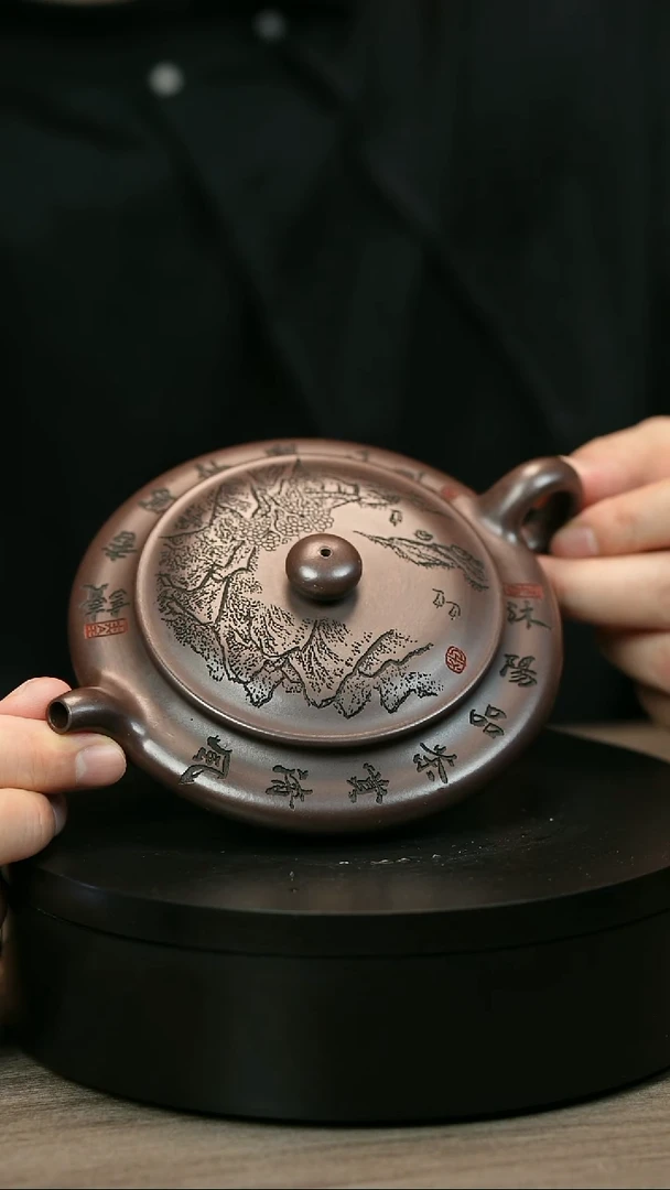 茶壶紫砂@***?H1956李传荣紫泥刻绘虚扁