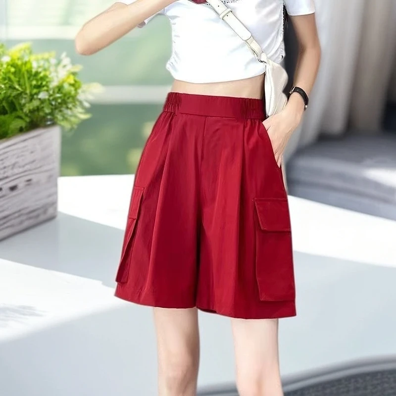 200斤冰丝速干工装五分裤女夏季薄款休闲阔腿裤美式宽松显瘦5分裤