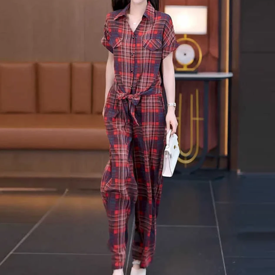 时尚阔腿裤套装套装女2025夏季新款时髦洋气格子显瘦衬衫两件套