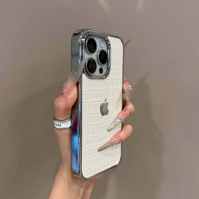 高级感电镀纯色鳄鱼皮纹适用苹果16手机壳15promax时尚14/13新款