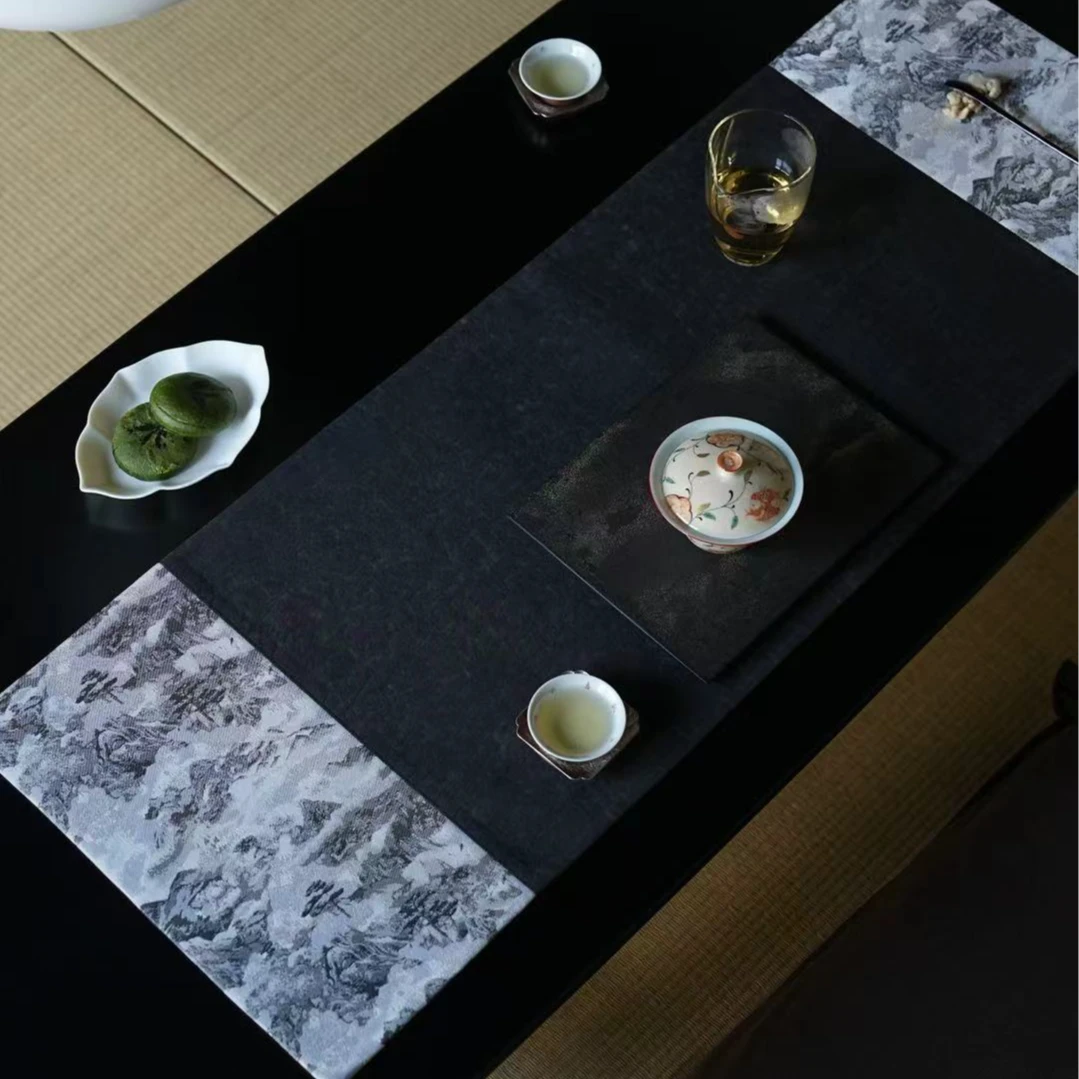 灵源山房甄选-慢蓝【岭上白云】长方形茶席加厚防烫泡茶垫90*32