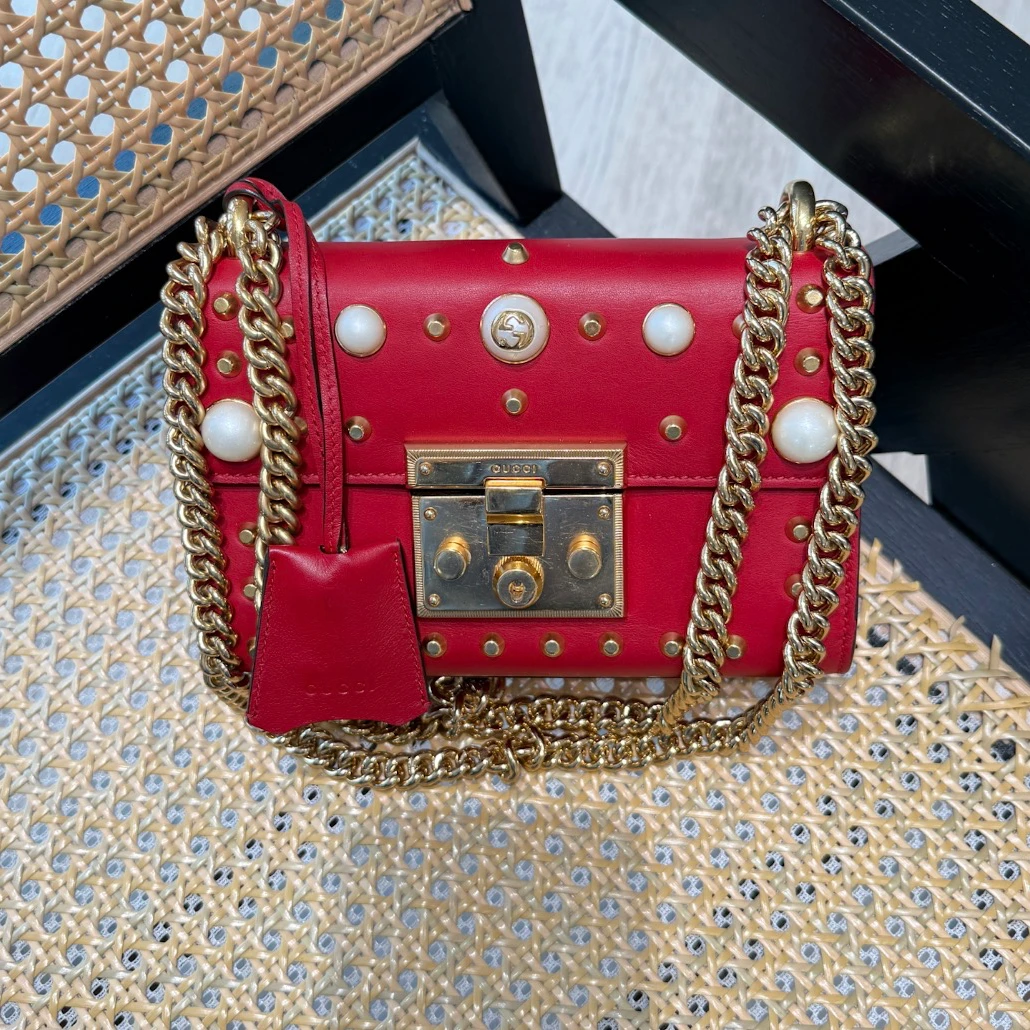 95新 GUCCI/古驰 红色padlock 珍珠