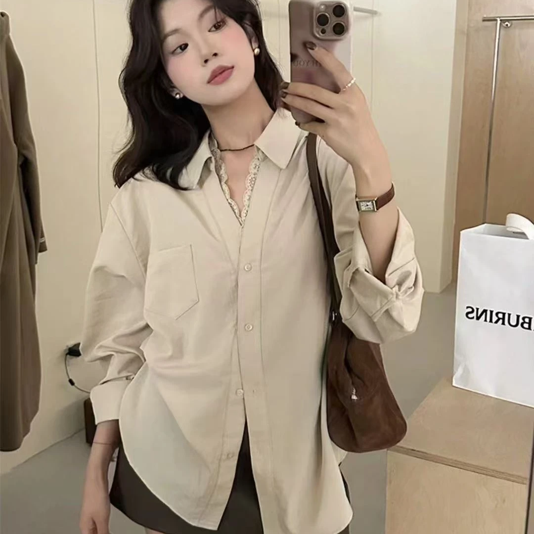 韩版法式V领蕾丝花边长袖衬衫女秋季新款设计感气质小众宽松上衣