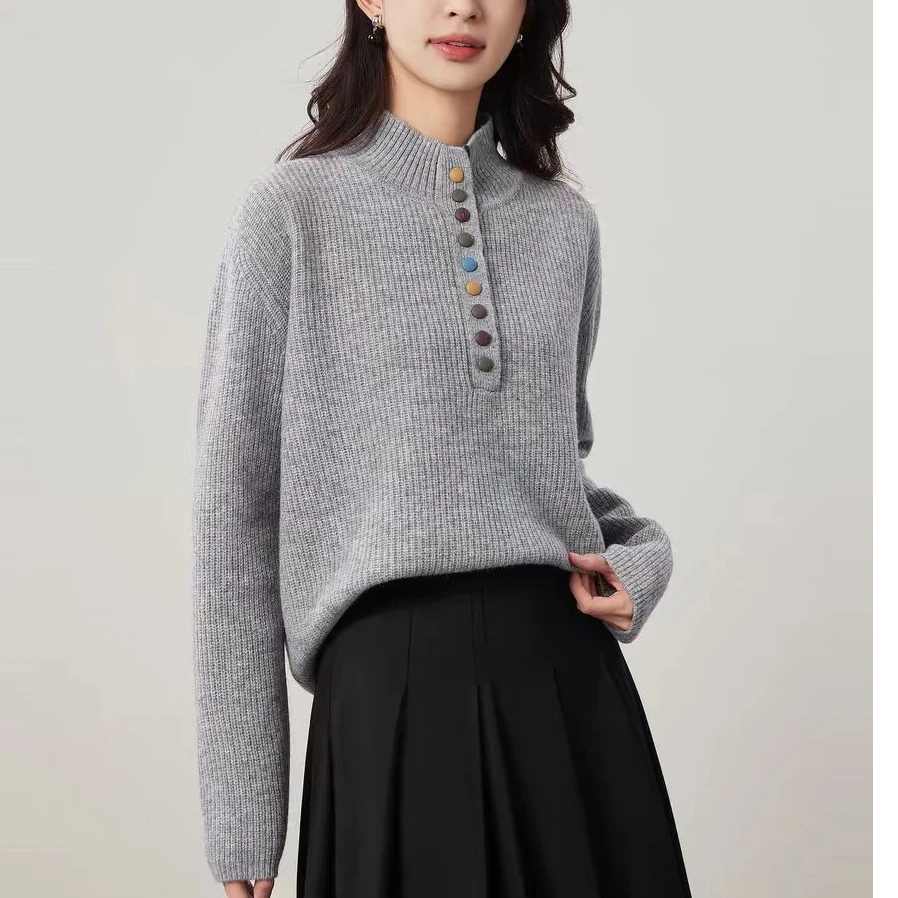 秋冬立领韩版彩扣慵懒毛衣时尚女士百搭绵羊毛针织1218