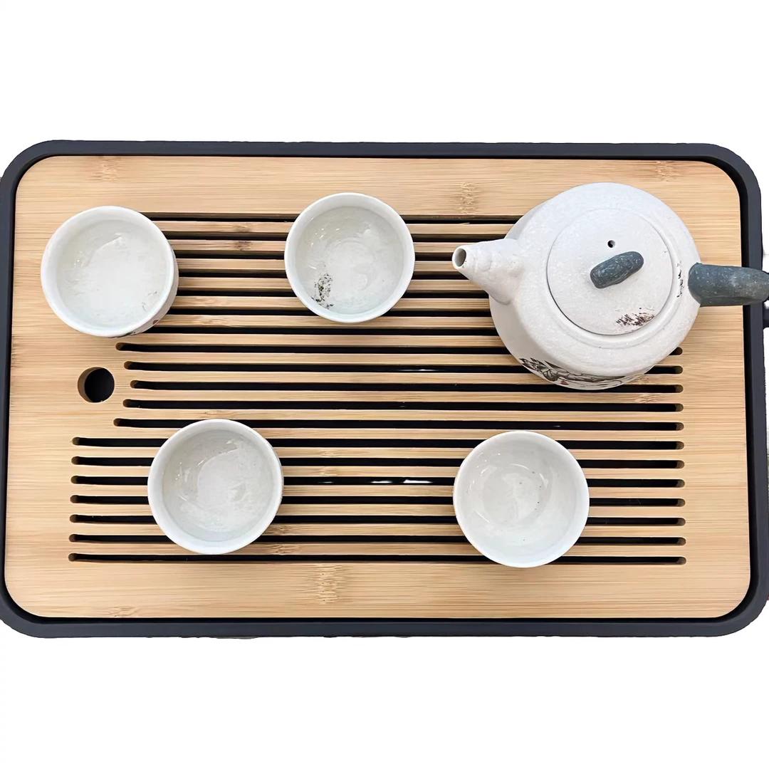 竹本色春羡密胺黑底楠竹茶盘竹制茶托盘沥水简约小型家用长方形