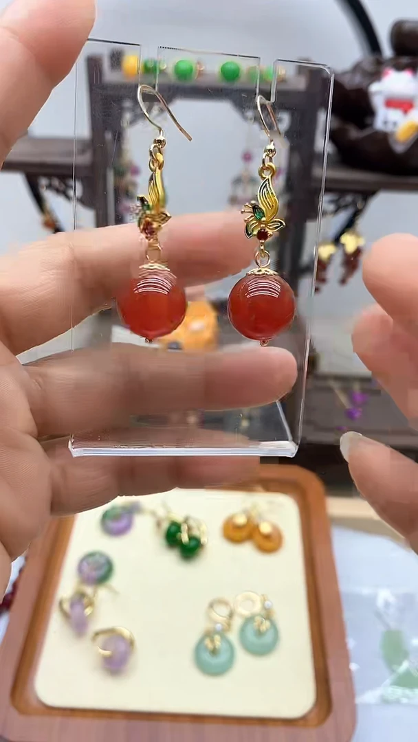 南红玛瑙14K金镶嵌耳饰147