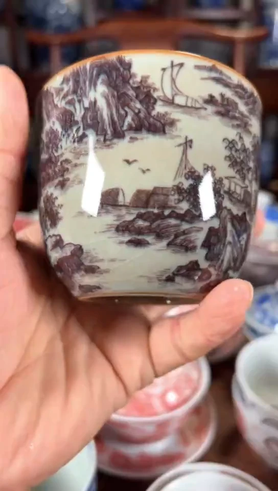 柴窑釉里红山水纹桶杯