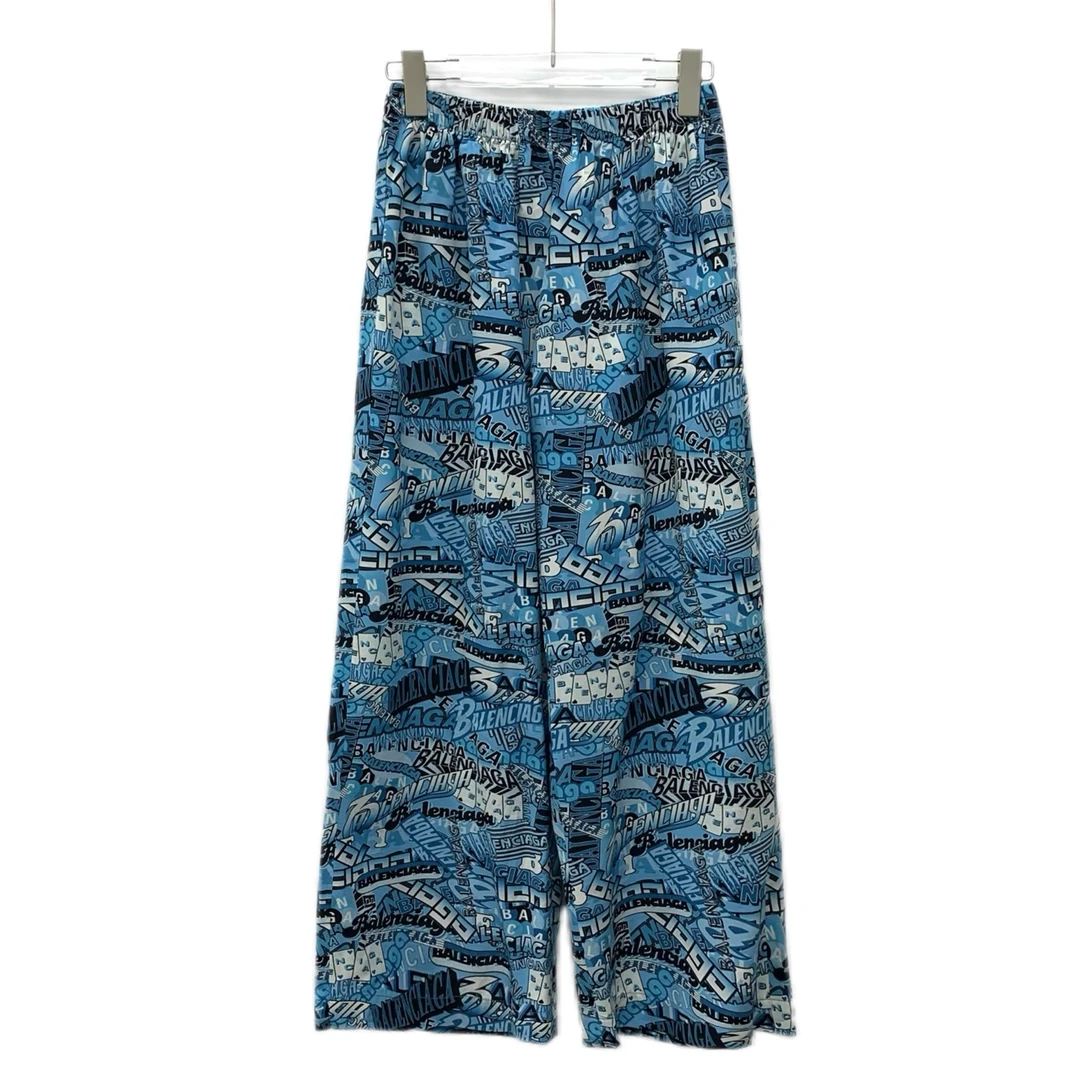 95新 Balenciaga/巴黎世家 DW0249 蓝色字母印花阔腿长裤 36 XS码
