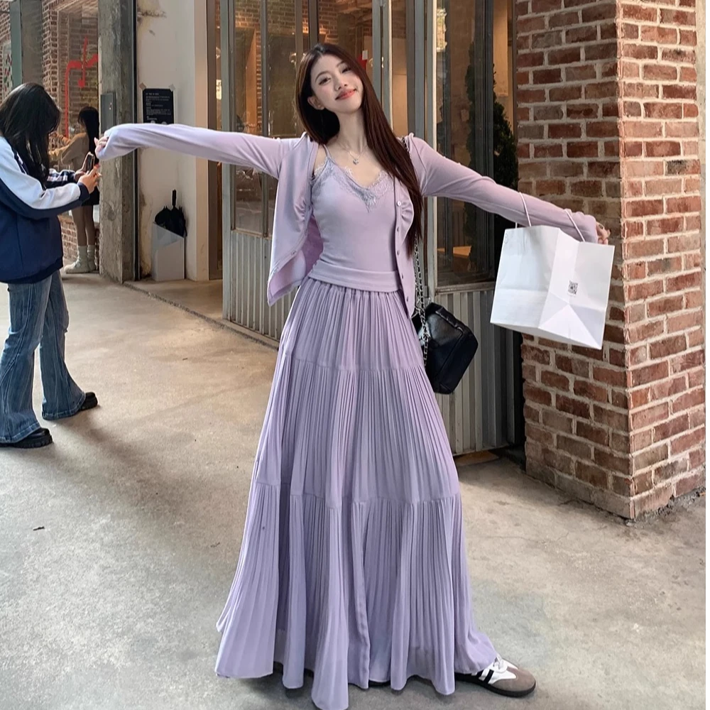 2025春夏法式复古优雅浪漫超仙高腰压褶半身裙A字长款大摆长裙子
