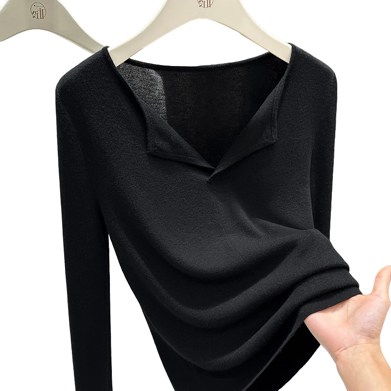 咖色美拉德超好看v领打底衫女2025新款内搭可外穿软糯针织薄上衣