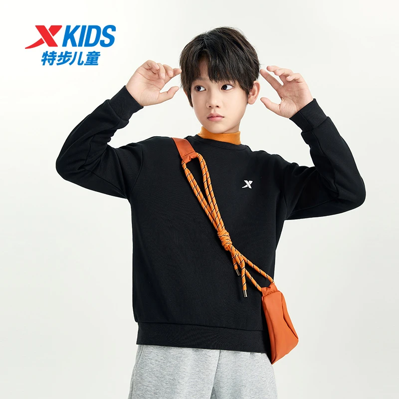 特步儿童2025年爆款冬季加绒长袖中大童百搭保暖套头打底卫衣