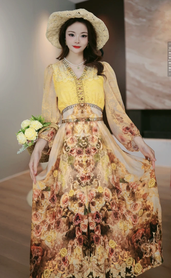 【烈焰玫瑰】25年新款千金风多巴胺收腰长袖裙子高端桑蚕丝连衣裙