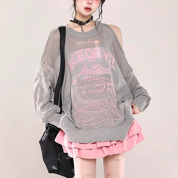 设计感不规则破洞流苏露肩百搭针织罩衫女2025春夏新款慵懒风上衣