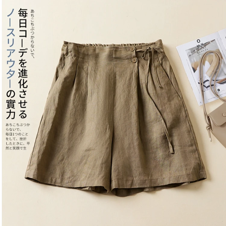 纯色亚麻阔腿短裤女夏季薄款垂感系带显瘦休闲裤百搭棉麻A字热裤
