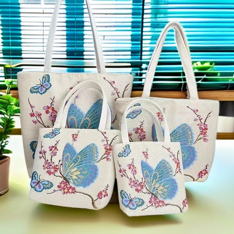 梅花蝴蝶针织刺绣金丝线双面时尚女士单肩手提包